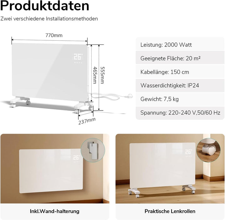 EMKE Smart Elektroheizung 2000W, Glaskonvektor-Heizung Elektrisch mit WLAN & App-Steuerung, Elektroh