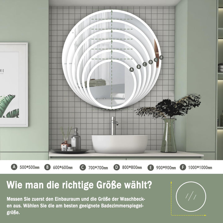Aica Sanitär LED Badspiegel rund 50 cm Touch Beschlagfrei Wandspiegel mit Beleuchtung Lichtspiegel B