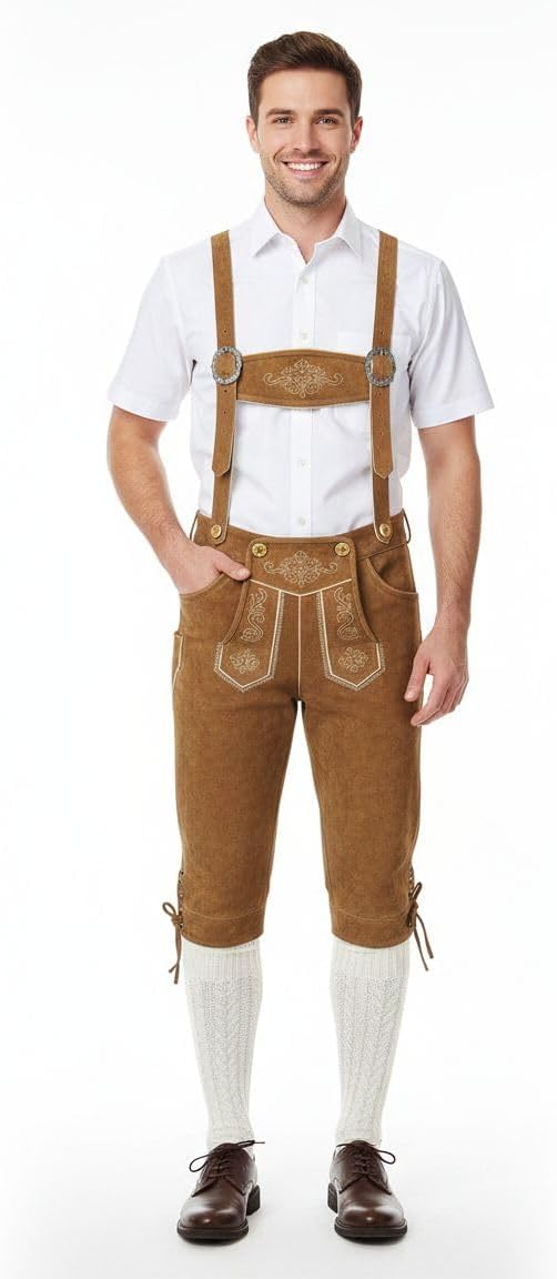 Herren Trachten Lederhose Kniebund mit Träger Rindvelourleder Dunkelbraun - Trachtenlederhose Herren