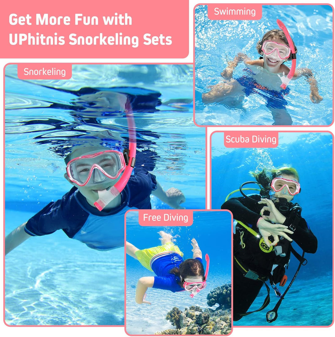 UPhitnis Schnorchelset Kinder mit Flossen,Anti-Fog 180°Panorama Taucherbrille Kinder, Verstellbaren