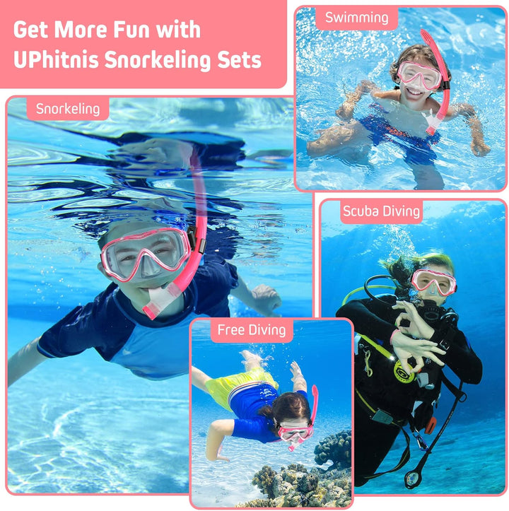 UPhitnis Schnorchelset Kinder mit Flossen,Anti-Fog 180°Panorama Taucherbrille Kinder, Verstellbaren