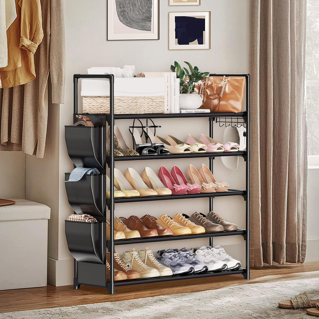 Schuhregal mit 5 Ebenen, Shoe Rack für 20-25 Paar Schuhen, Schuhorganizer mit Haken und Seitentasche