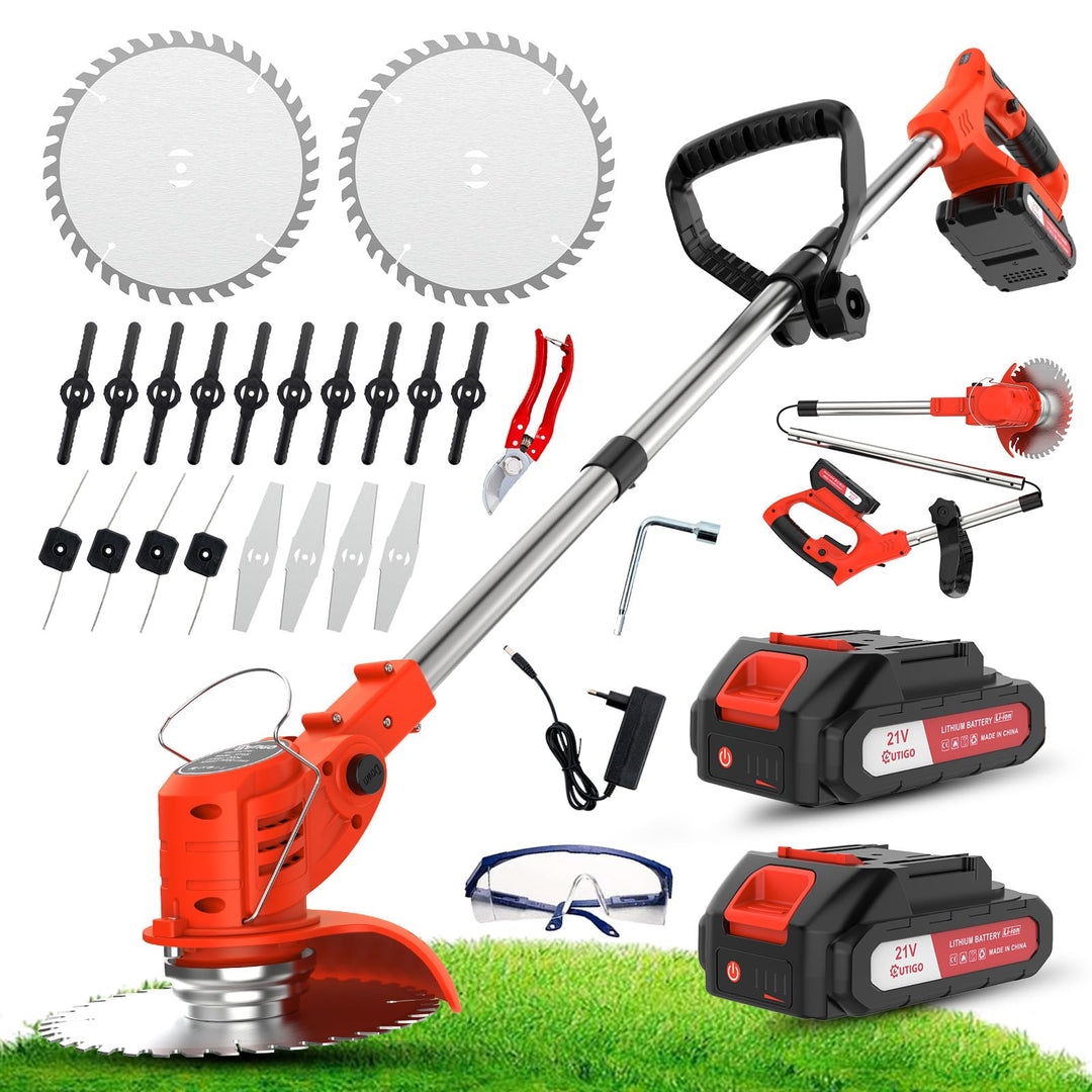 Akku-Rasentrimmer mit 2 * 21V Akku, 4 Messer, dreifach klappbarer Mäher, Rasenmäher, Akku-Gartenmähe