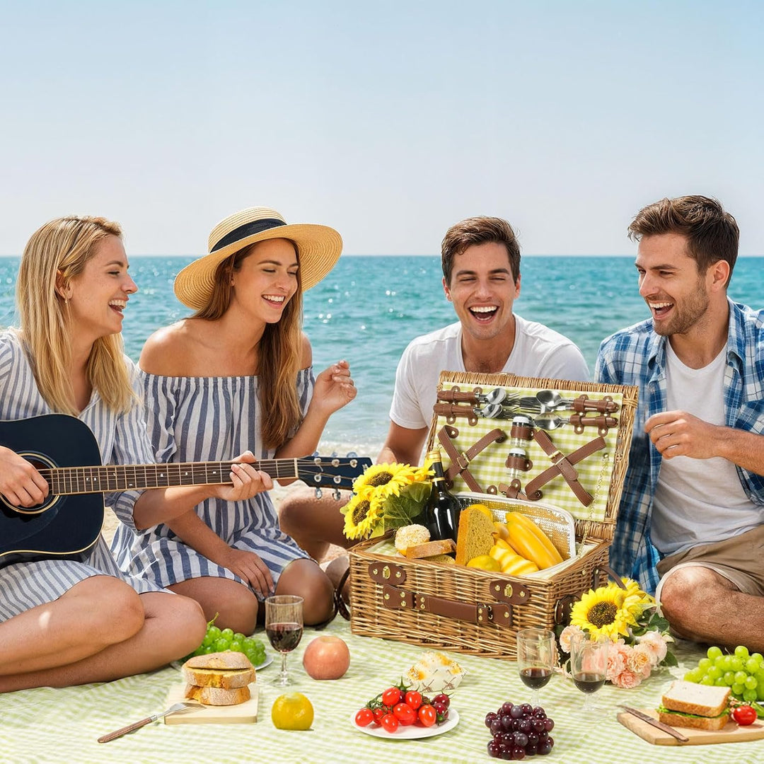 Wicker Picknickkorb Set für 4 Person mit Kühlfach und wasserdichte Picknickdecke, Abnehmbarer Riemen