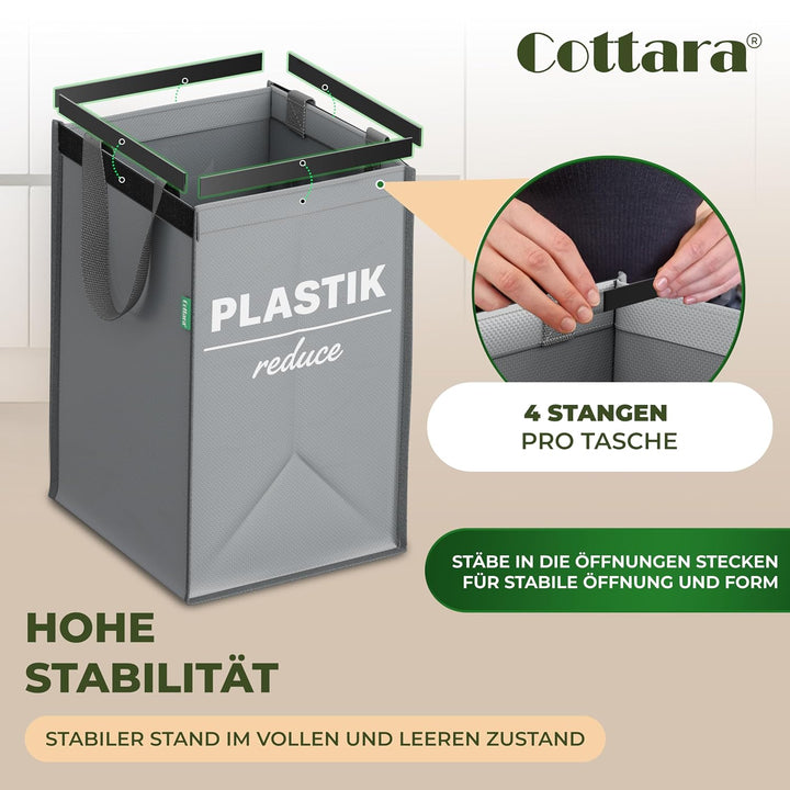 COTTARA® Mülltrennsystem 3 fach Plastik, Glas, Papier | Starker Stand durch 4 x Stabilisatoren | Per