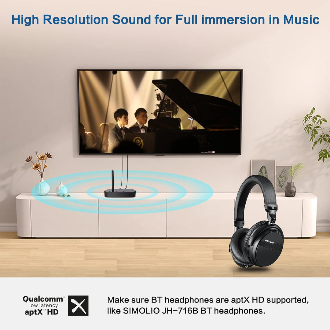 SIMOLIO JH201D Bluetooth Transmitter für TV, aptX Low Latency Bluetooth Sender Adapter für 2 BT Kopf
