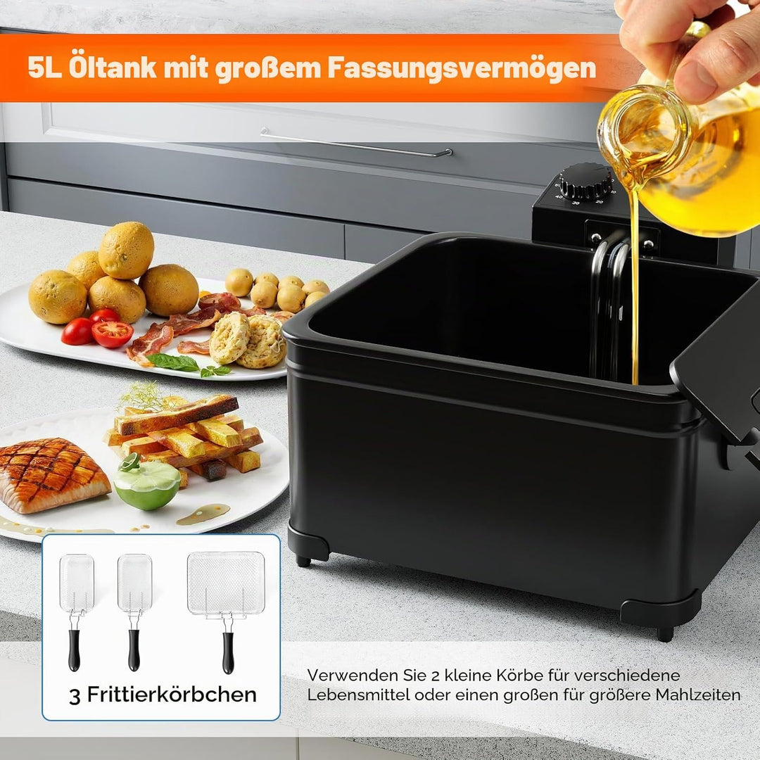 LIFEZEAL Elektrische Fritteuse 5L, Doppel Ölfritteuse mit Sichtfenster, 1700 W Fettfriteuse mit eins