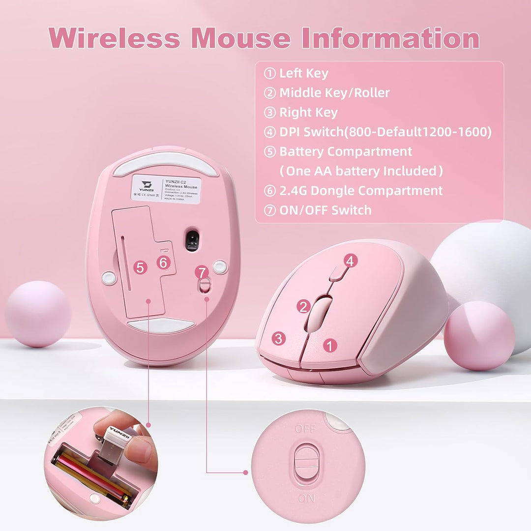 YUNZII C2 Drahtlose Maus, 2,4 GHz Silikon-Lautlose Funkmaus, 3 Verstellbare DPI, 1600 DPI Tracking,