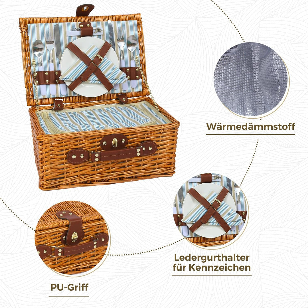 Picknickkorb Set für 2 Person mit Kühlfach, Abnehmbarer Riemen, Weinbeutel, Besteck Set, für Camping