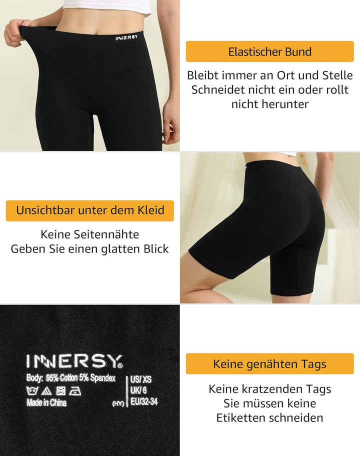 INNERSY Radlerhose Damen Baumwolle Lange Unterhose Anti Scheuern Kurze Hose Unter Kleid 3er Pack S K