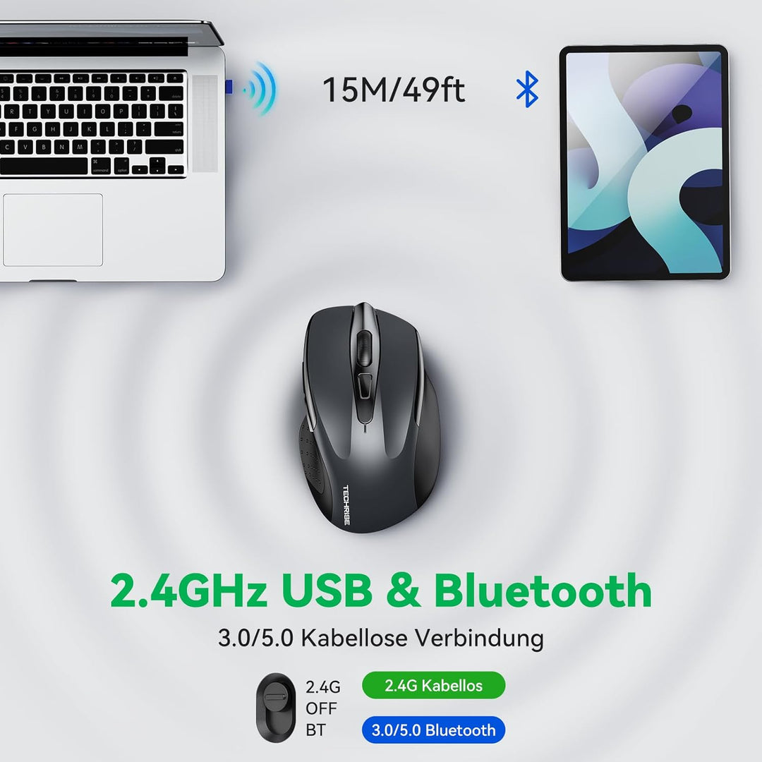 TechRise Bluetooth Maus, 2.4G Kabellose Maus (BT 5.0/3.0 + 2.4G), 4800 DPI Wiederaufladbare Ergonomi