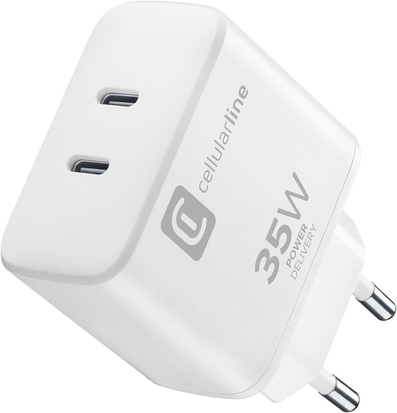 Cellularline | Dual Charger 35W | Power Delivery 35W Netzwerk-Ladegerät mit Dual-USB-C-Anschluss - L