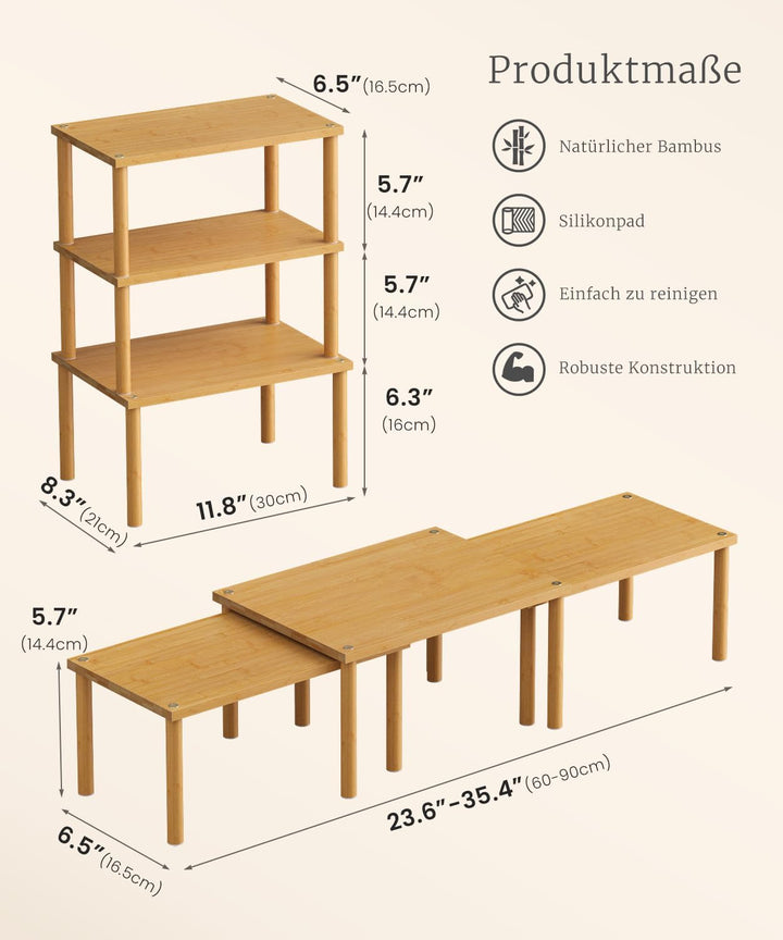 Fibogollo Bambus Schrank Organizer Ablage 3er Set, stapelbares Gewürzregal Mittel Natur Braun Mittel