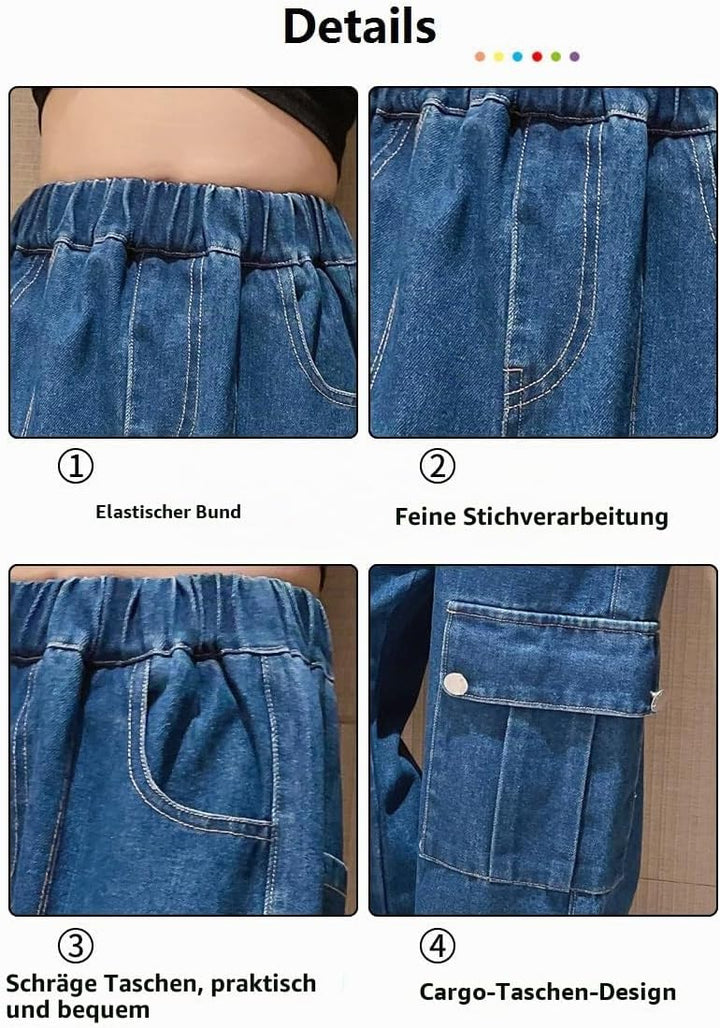 Rolanko Mädchen Jean Hosen Loch Denim Blau Jeans, Vintage Hose mit weitem Bein für Kinder Fit 10-11