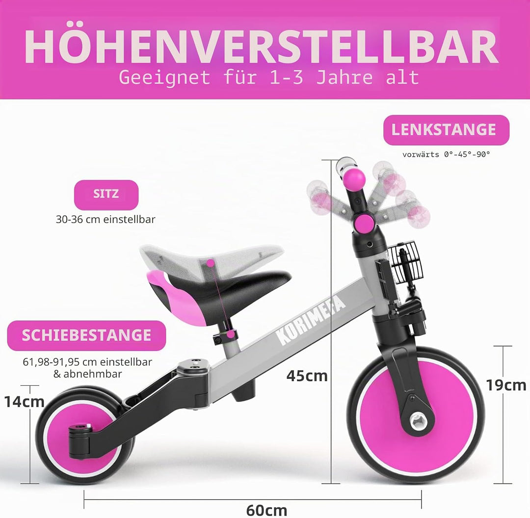 KORIMEFA 4 in 1 Laufräder Laufrad Kinderdreirad Dreirad Lauffahrrad Lauflernhilfe mit Schubstange fü