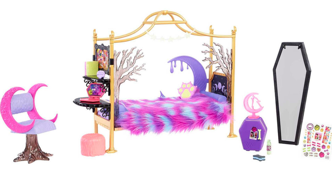 Monster HIGH Clawdeen Wolf - Schlafzimmer-Spielset mit Zubehör und Aufkleberbogen, Möbeln und Deko,