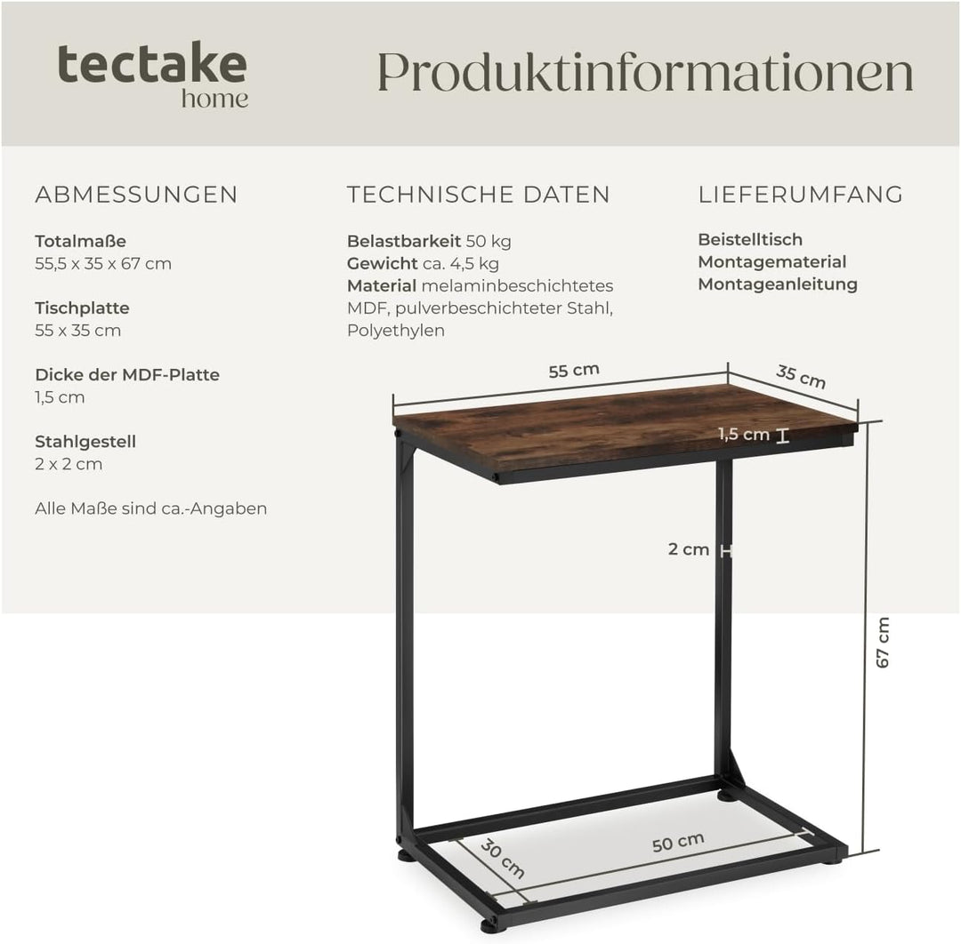tectake® Beistelltisch Holz Metall, Wohnzimmertisch, Couchtisch C-Form, Laptoptisch für Couch, Bettt