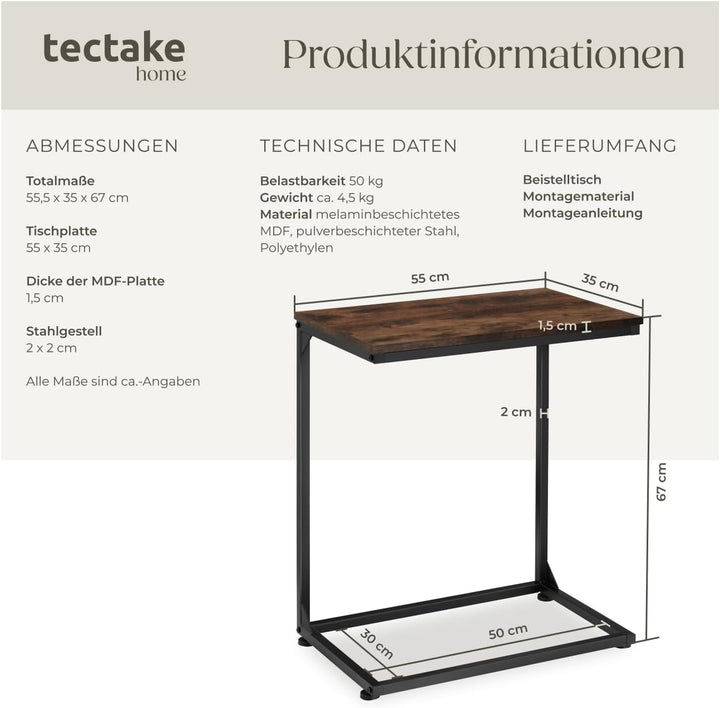 tectake® Beistelltisch Holz Metall, Wohnzimmertisch, Couchtisch C-Form, Laptoptisch für Couch, Bettt