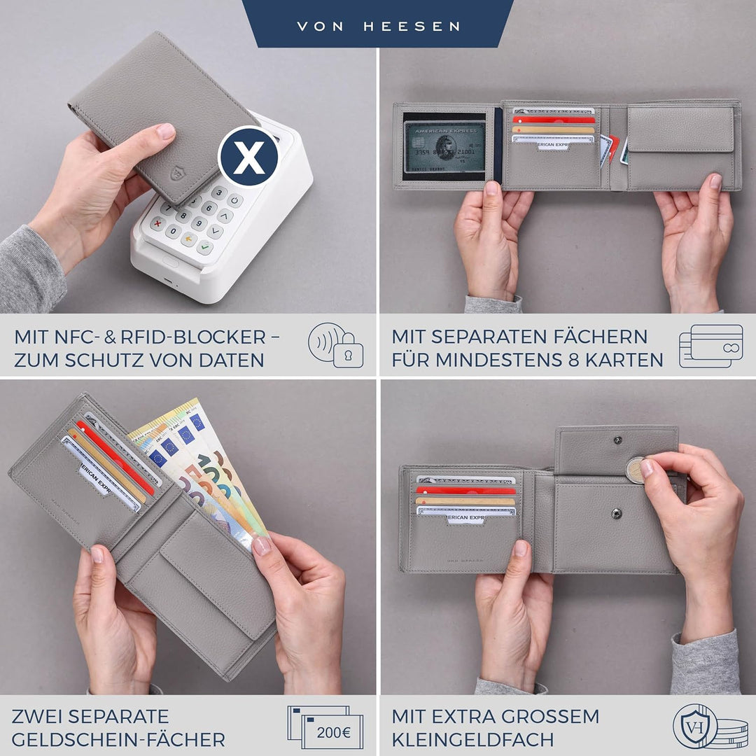 VON HEESEN Leder Geldbörse Herren mit RFID Schutz I Echtleder Geldbeutel für Männer I Münzbörse Port