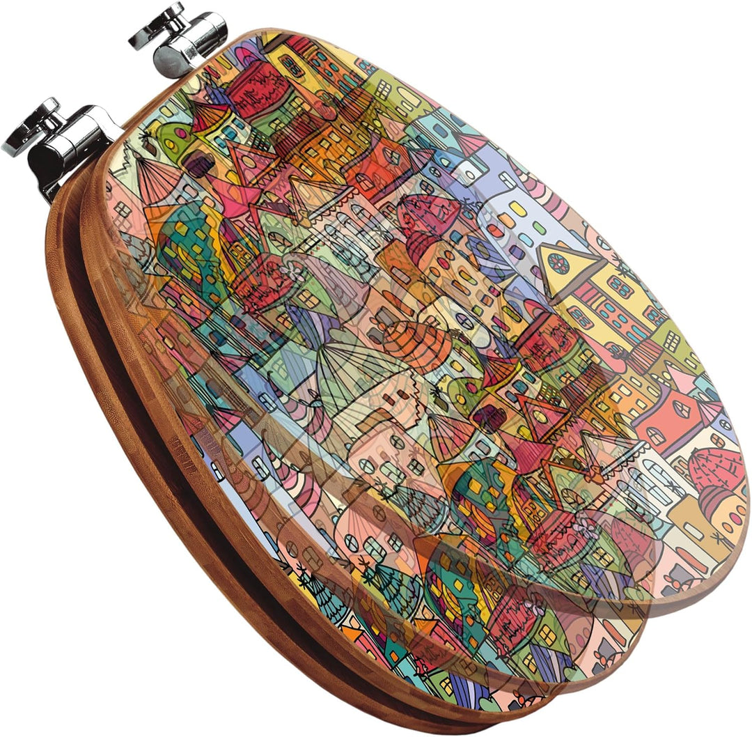 banjado® Design WC Sitz Bambus Absenkautomatik mit Motiv Funky Town/Toilettendeckel mit Absenkautoma