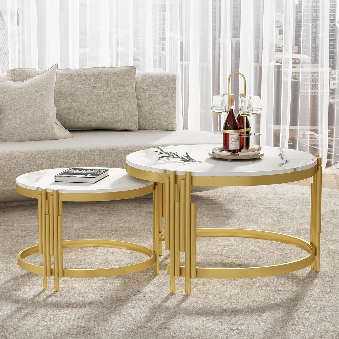 Merax Rund Couchtisch Set, 2-in-1 Nesting Couchtisch Satztisch, in Marmoroptik, Goldener Metallrahme