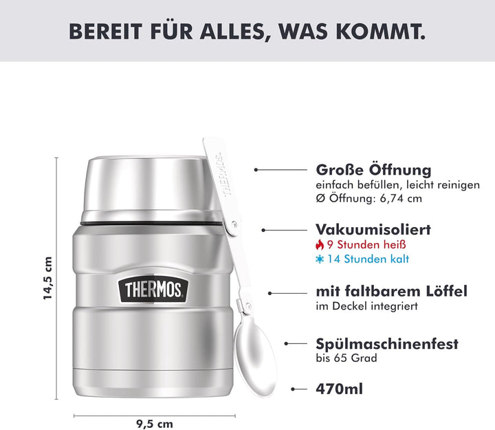 THERMOS Thermobehälter gross Lunchpot Stainless King, Edelstahl mattiert 470ml, Speisegefäss für Ess