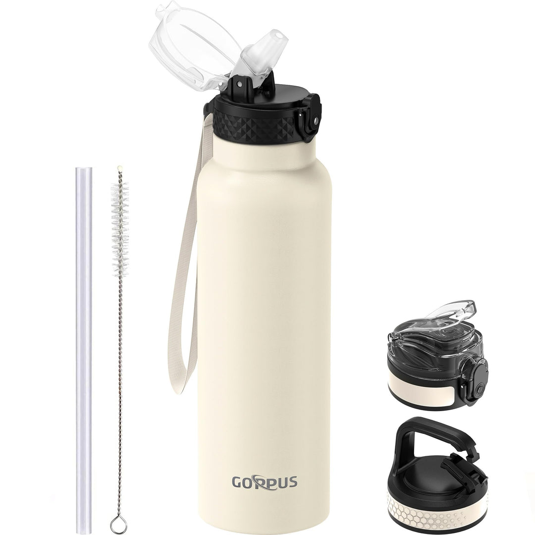 GOPPUS 750ml/24oz Edelstahl-Wasserflasche mit Strohhalm 0,75 Liter Heisswasserflasche Doppelwandige