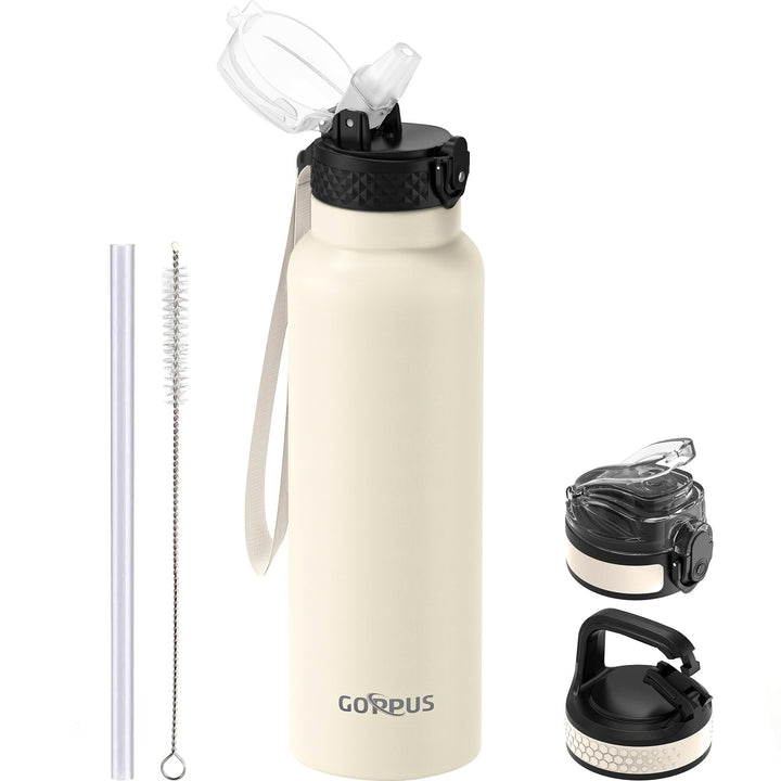 GOPPUS 750ml/24oz Edelstahl-Wasserflasche mit Strohhalm 0,75 Liter Heisswasserflasche Doppelwandige