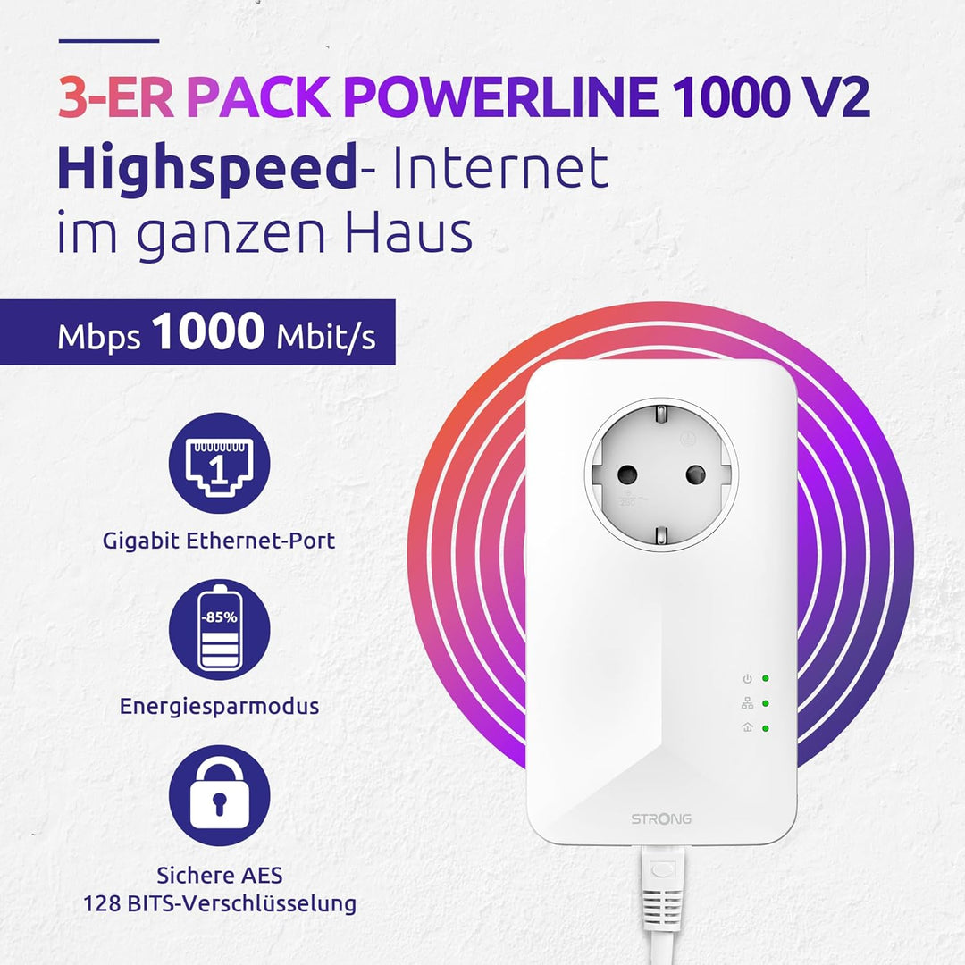 STRONG Powerline 1000 Triple Pack, PowerLAN-Adapter Set mit 3 Stück, 100 Mbit/s, Hochgeschwindigkeit