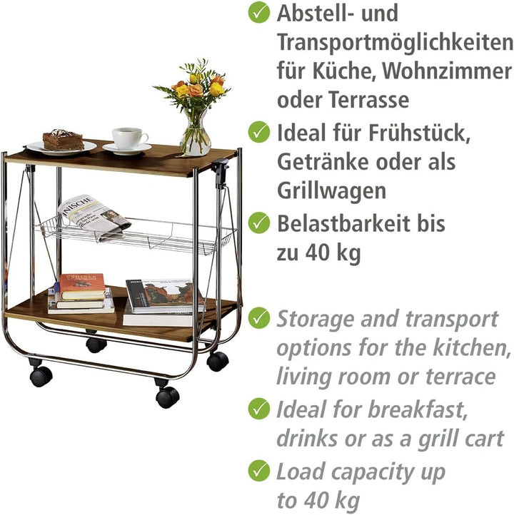 WENKO Servierwagen Dinett Deluxe Walnuss - zusammenklappbar, Ablagekorb, MDF, 68 x 70 x 40.6 cm, Bra