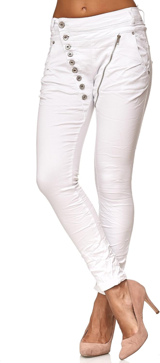 Elara Damen Jeans Boyfriend Knopfleiste Chunkyrayan 36 Slim Weiss London, 36 Slim Weiss London