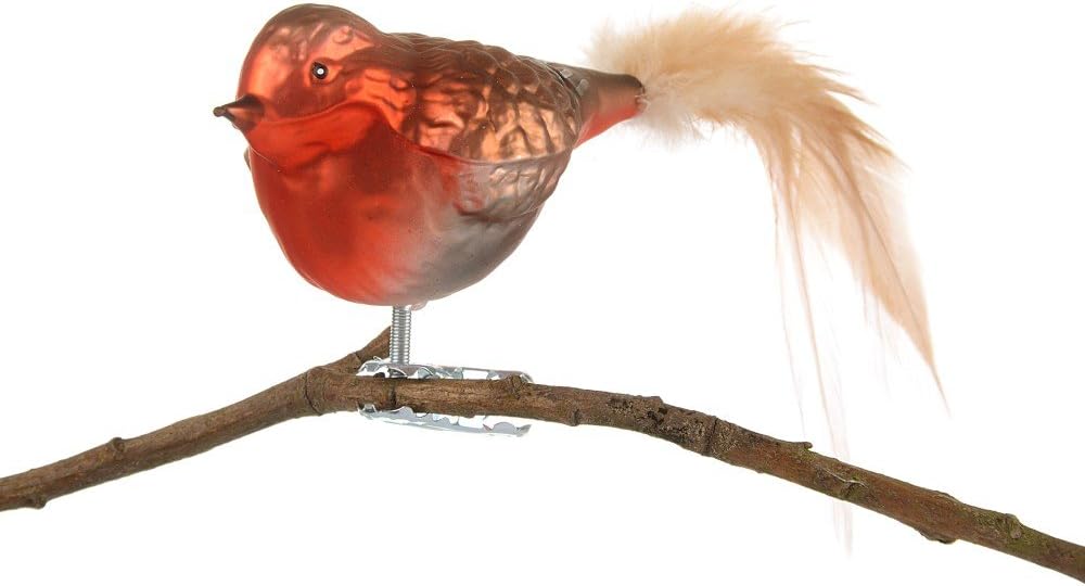 Birds of Glass® Glas-Vogel, Rotkehlchen mit Naturfeder, Glasschmuck Made in Germany aus eigener Hers