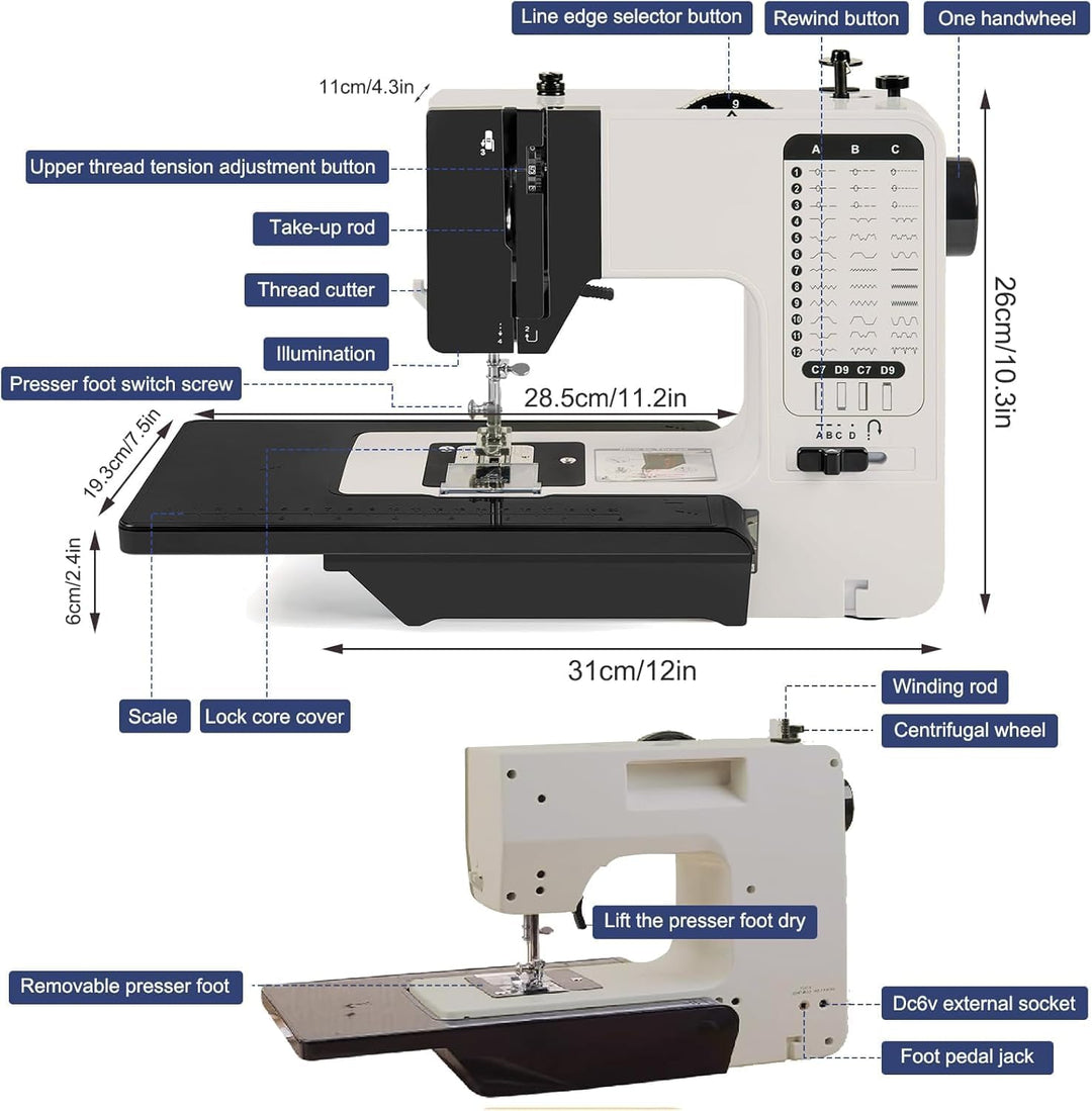 Mini Nähmaschine piqueuse Hochleistungs mit 38 integrierten Stichen, Nähmaschine mit ausziehbarem Ar