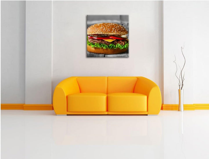 Pixxprint appetitlicher Cheeseburger als Leinwandbild/Grösse: 70x70 cm/Wandbild/Kunstdruck/fertig be
