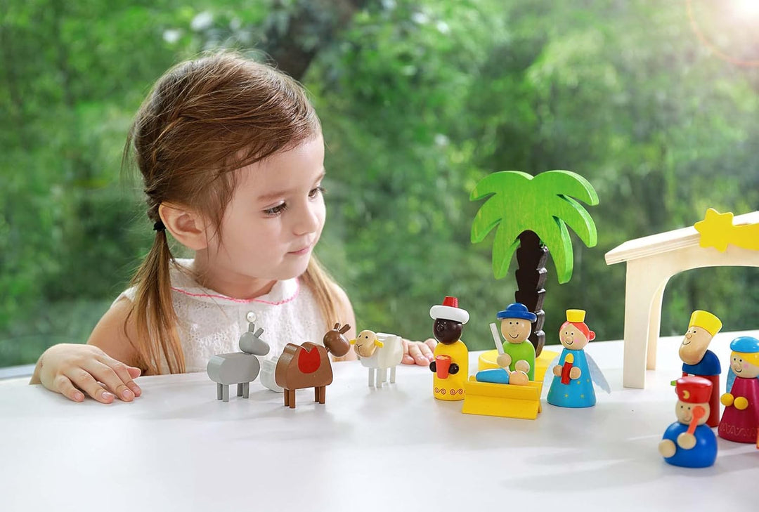 Fritz Cox® Kinderkrippe Weihnachten aus Holz - handbemalte Holz-Kinder-Krippe inkl. Krippenstall in