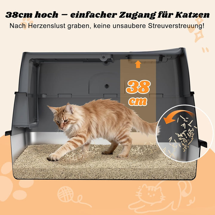 FURTIME Katzenklo Edelstahl mit Deckel, Katzentoilette Edelstahl Grosse XL Leicht zu Reinigen, Gesch