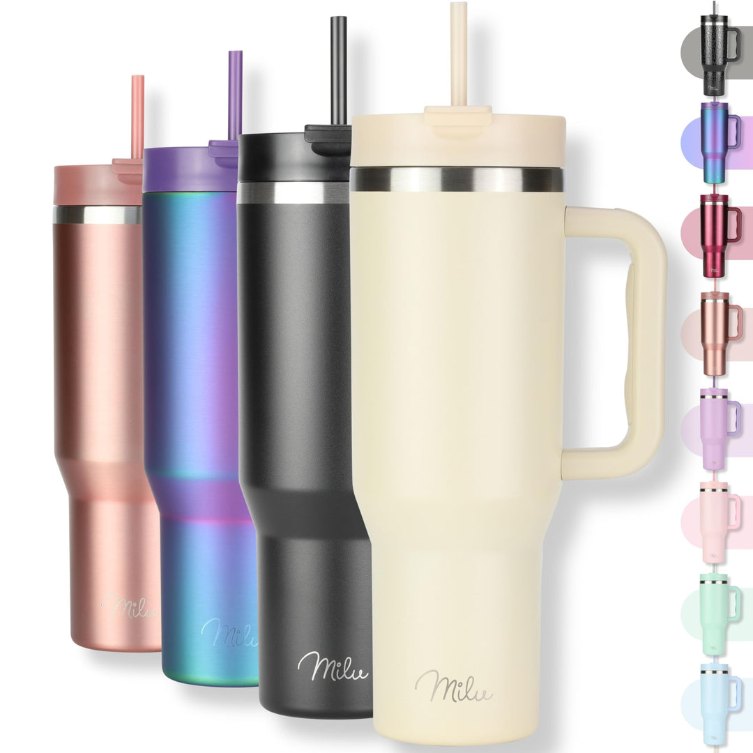Milu Thermobecher 1200ml mit Strohhalm und Henkel – 48h Eis/24h kalt/12h heiss Edelstahl Tumbler 40o