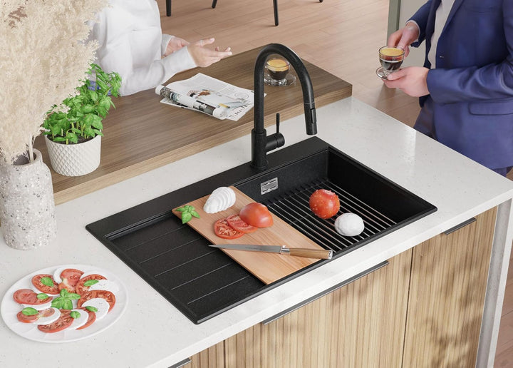 PRIMAGRAN Spülbecken Anthrazit 78x50cm, Granitspüle 1 Becken + Ablauf-Set, Küchenspüle ab 60er Unter