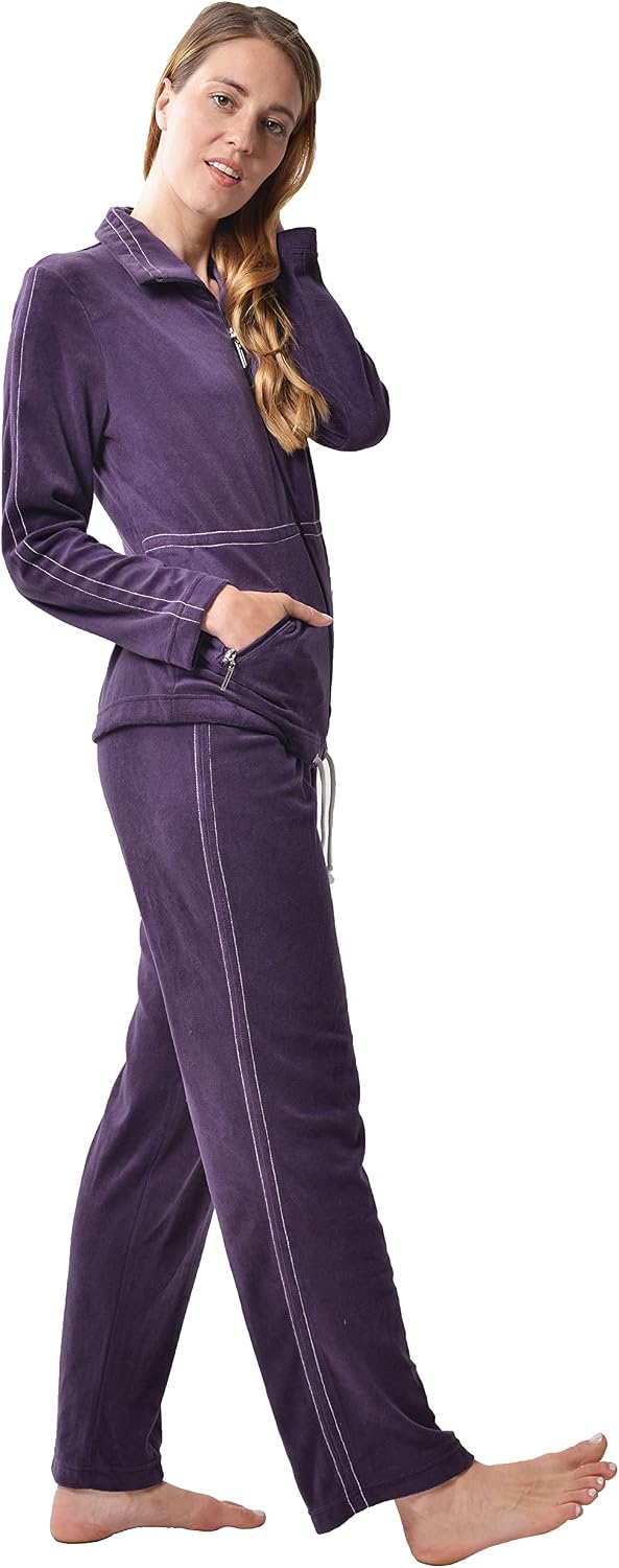 RAIKOU Damen Nicki Hausanzug mit Reissverschluss Velours Freizeitanzug Trainingsanzug 44-46 Dunkel L