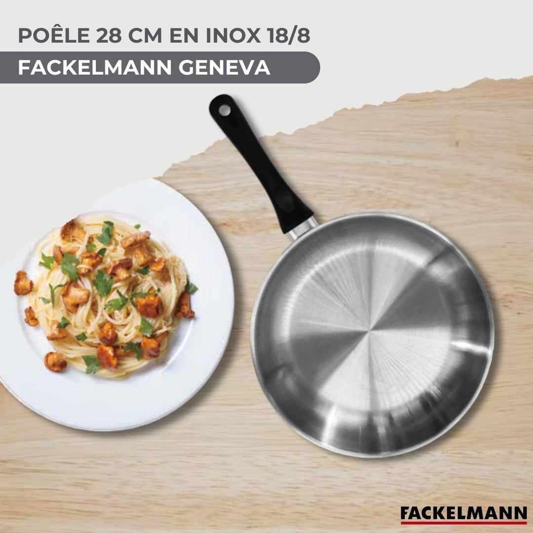 Fackelmann 9441050 Pfannenset 28 cm aus Edelstahl 18/8 und 6 RPET Utensilien, Bratpfanne, Bratpfanne