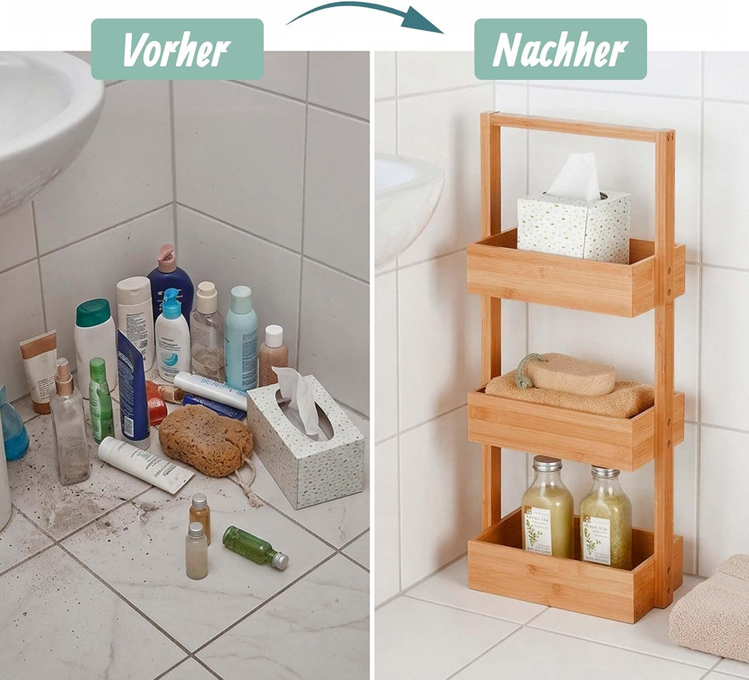 Relaxdays Badregal, mit 3 Ablagen, HxBxT: 70 x 26 x 17 cm, Standregal für Badezimmer &amp; Küche, Bambus