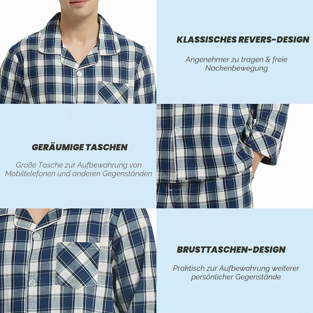 Vulcanodon Pyjama Herren 100% Baumwolle Schlafanzug lang Set kariert mit Knopfleiste weiche Nachtwäs