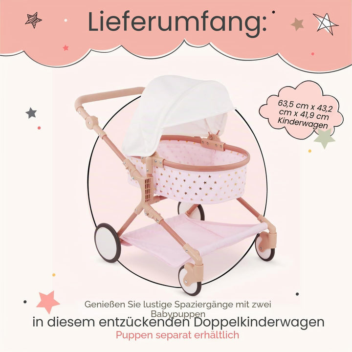 LullaBaby – Kinderwagen Puppenwagen Zwillinge für 36 cm Baby Puppen – Puppenbuggy mit faltbarem Dach