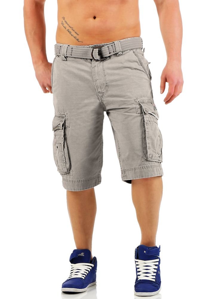 Jet Lag Herren Baumwoll Cargo Shorts Take Off 8 Knielang Canvas-Gürtel 42 Grau, 42 Grau