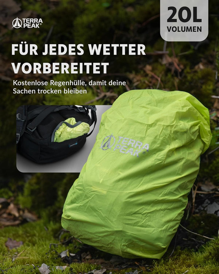 Terra Peak Wanderrucksack 20L Flex 20 Premium (klein) mit Rückenbelüftung, Trinksystem & Regenschutz