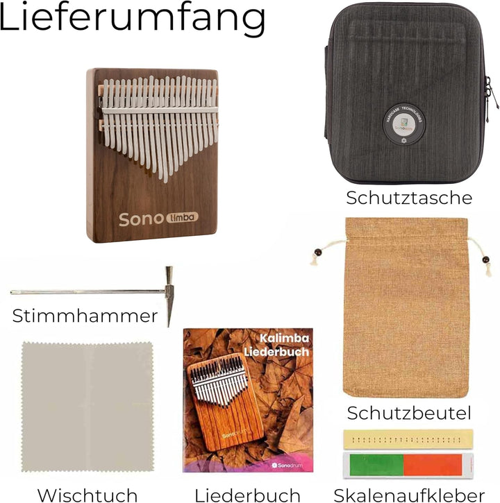 Kalimba "Sonolimba" mit 21 Schlüsseln in C - Dur aus Walnussholz - Daumenklavier inkl. Set mit Liede