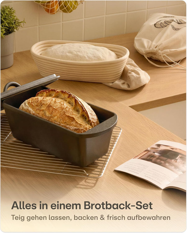 Praknu Gusseisen Topf für Brot Backen Set - 28cm Brotbacktopf mit Gärkorb und Brotbeutel – Bräter mi