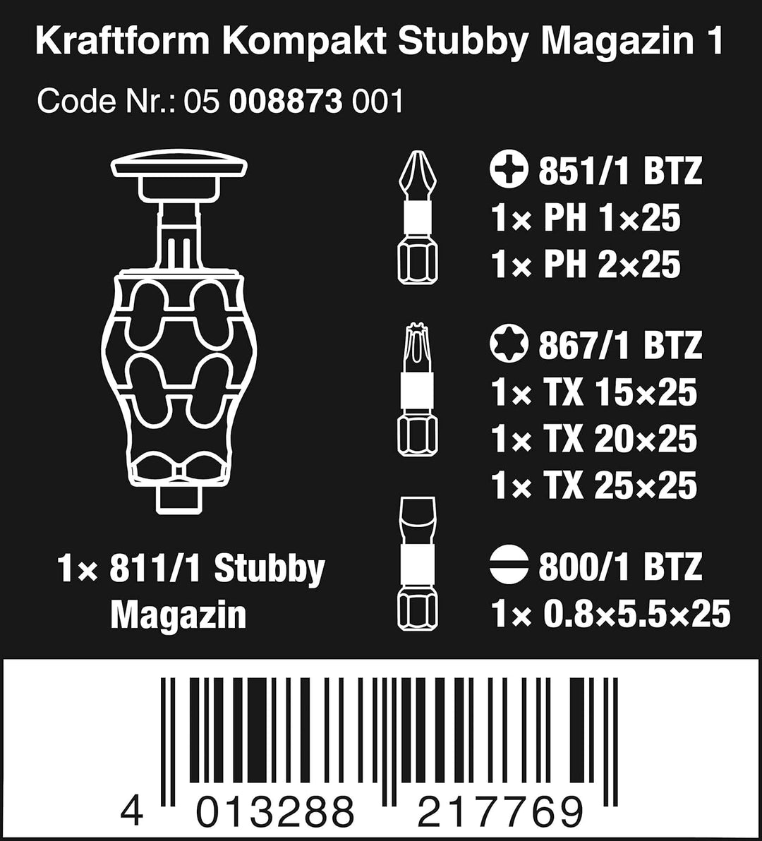 Wera 05008873001 Kraftform Kompakt Stubby 1 Schraubendreher mit Bit Magazin, 6-teilig & 05033404001