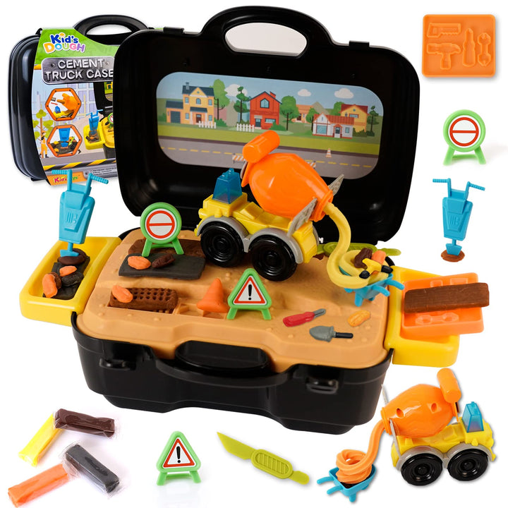 Knete Set Baustellenfahrzeuge Kinder Knete Zubehör mit Tragbarem Koffer, Zement Baustelle Spielzeug