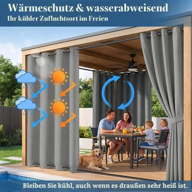 Rosnek Outdoor Vorhang Wetterfest Winddicht, Balkon Gardinen mit Ösen Oben &amp; Unten, Blickdicht Wasse